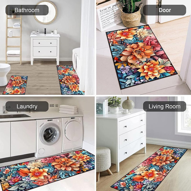 UYDOXCU Colorful Flower Kitchen Rug 2 Piece Set, Boho Decor Kitchen Floor Mat, Non-Slip Absorbent and Washable Home Decoration Carpet 17 * 30+17 * 47 Inches - Image 5
